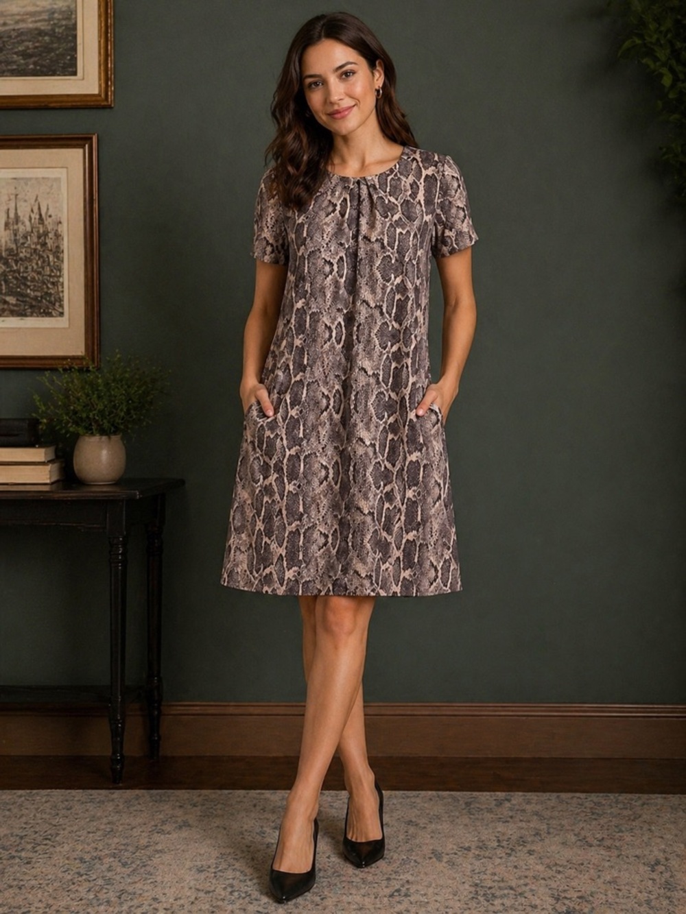 NWT Black Tape_ Snake-Print Short Sleeve Shift Dress - Brown